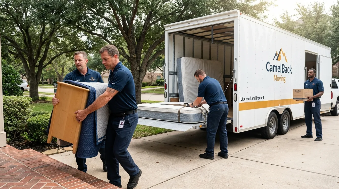 Crew loading residential truck for cross-state move from New Sharon, IA