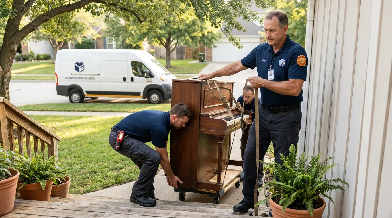Licensed piano movers securing grand piano in New Sharon, IA