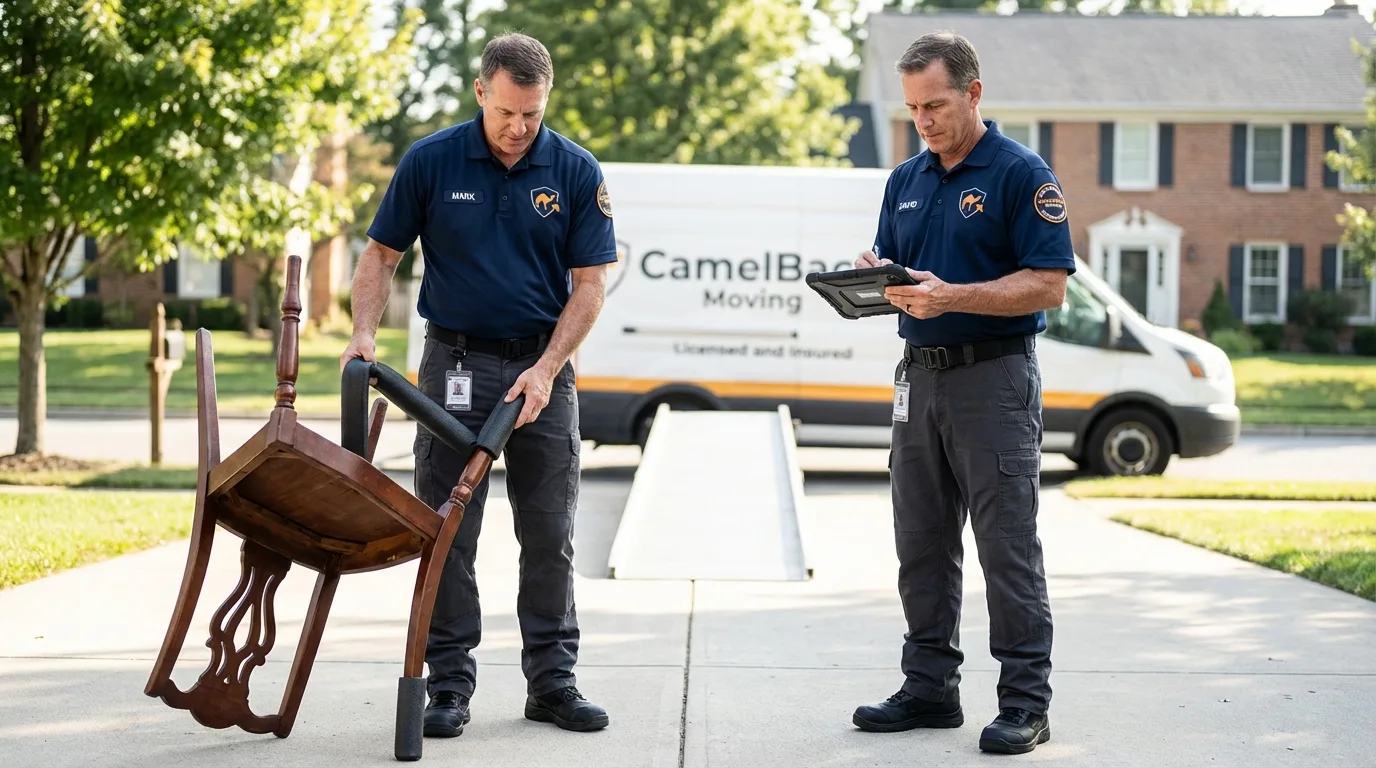 Movers inspecting furniture for damage prevention before loading in New Sharon, IA