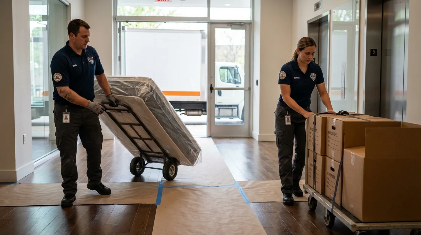 Professional apartment movers loading elevator in New Sharon, IA