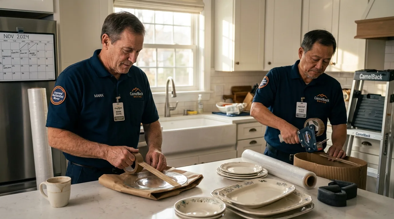 Professional crew packing kitchen dishware in New Sharon, IA
